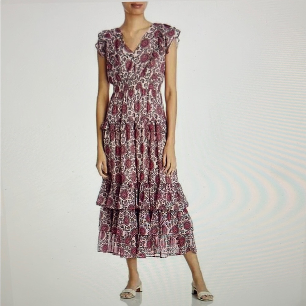 Paisley V-Neck Maxi Dress in Deep purple with tiered ruffles